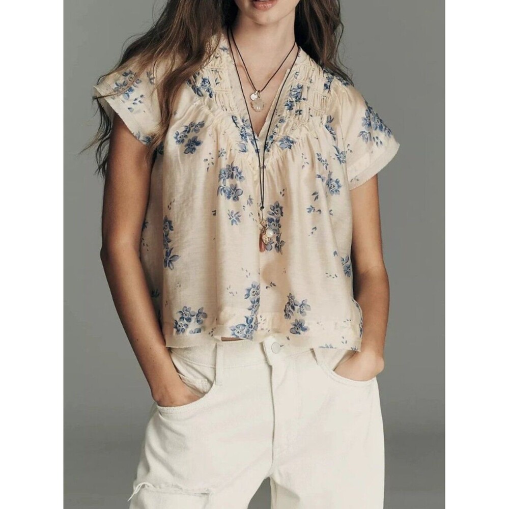 By Anthropologie Smocked Yoke Blouse Top Floral Printed Pullover V-Neck S 290373